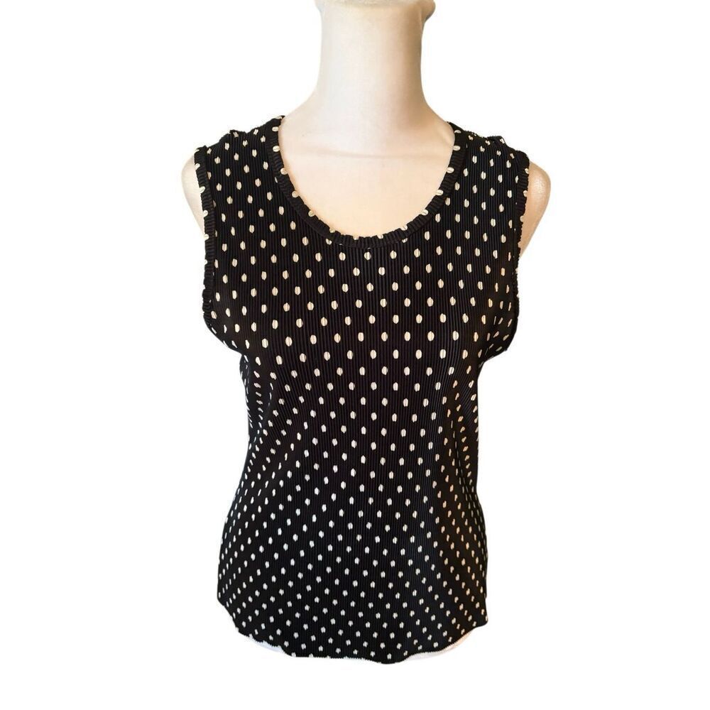 Ninety Womens Top, Size Large, Black with White Polka Dots, Shell.
